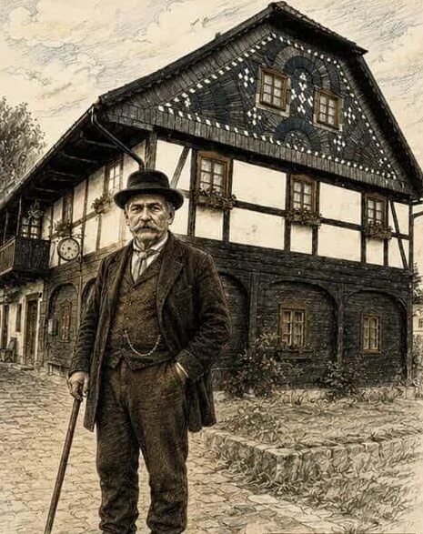 Rychtář Jakob Robisch v kabátě a klobouku stojí s holí před roubeným domem